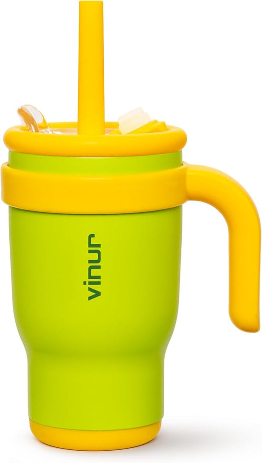 VINUR Kids Tumbler with Handle-14 oz Stainless Steel Double Wall Vacuum Insulated Tumbler with Lid and Straw, Travel Water Cup for Girls (Apple Green)