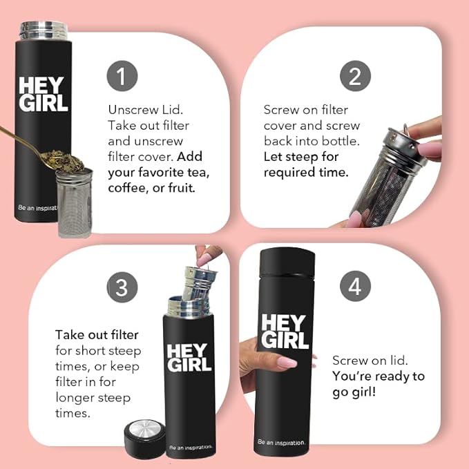 Hey Girl Tea Infuser Bottle 450ml - Insulated Stainless Steel Water Bottle - Tea Tumbler with Tea Diffuser - Portable Travel Mug for Loose Leaf Tea & Infused Water - Tea Lovers Gifts for Women