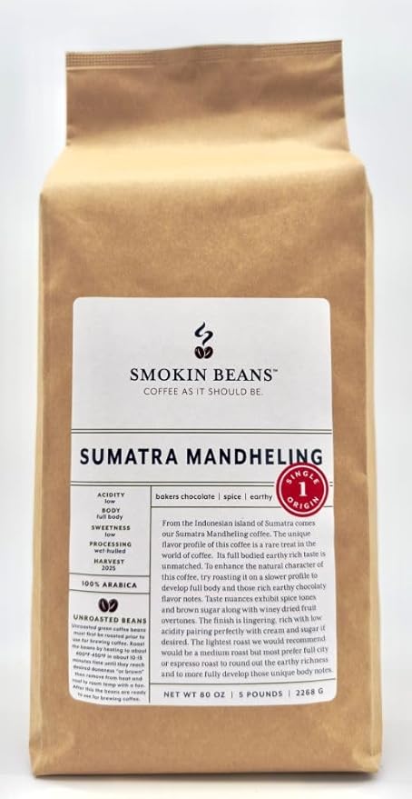 5-Pound Sumatra Mandheling, Unroasted Green Arabica Coffee Beans, Fresh Current Crop Specialty Grade, Roast the Beans Yourself at Home on Your Roasting Equipment Prior to Using for Brewing Coffee