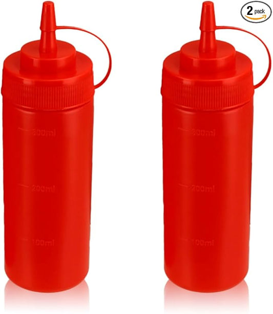 Squeeze Bottles for Sauces,Leak-Proof Condiment Dispenser, BPA-Free Kitchen Restaurant Squeeze Bottle Set with Wide Mouth for Ketchup, Mustard,Syrup,Dressings (Red, 2Pack-12oz(300ml))
