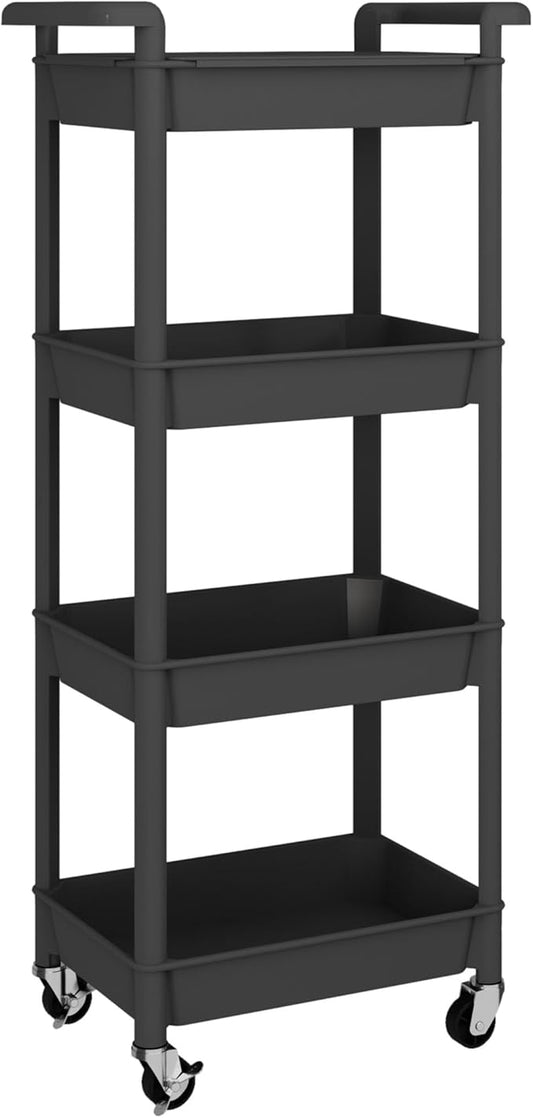 MIOCASA Utility Rolling Cart with Detachable Tray Top, 4-Tier Kitchen Storage Organization, Art Cart with Wheels for Office, Classroom, Livingroom, Kitchen, Bathroom (Black, 4-Tier-Plastic)