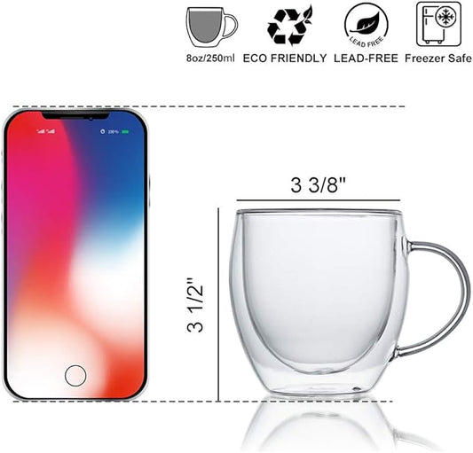KitchenTour Insulated Coffee Mug 8 oz- Double Wall Glass Coffee Cup with Handle Set of 4 - Clear Glass Drinkware for Espresso，Cappuccino, Latte，Hot Beverages