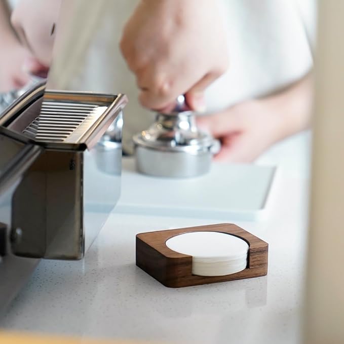 watchget Espresso Paper Filter Holder Coffee Filter Storage Container Coffee Filter Dispenser Compatible with 51mm/53mm/54mm/58mm Round Disposable Puck Screen Paper Filters, Wood