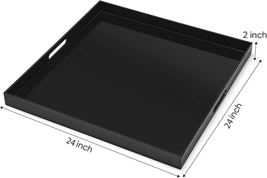 24×24 inches Oversized Black Acrylic Ottoman Tray Extra Large Decorative Tray Spill-Proof Serving Trays with Handles King-Size Safe Edge Organizer for Coffee Table Countertop Breakfast