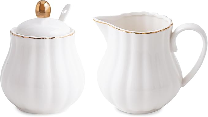 Ceramic Sugar and Creamer Set, 3 Piece with Cream Pitcher, Sugar Bowl with Lid and Spoon,Coffee and Tea Serving Set (White with gold line)