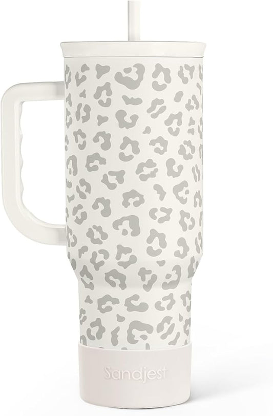Leopard Tumbler with Handle, Insulated Cup Stainless Steel Travel Mug Cup, Gifts for Women Girl on Birthday Christmas, Cream Leopard, 40oz