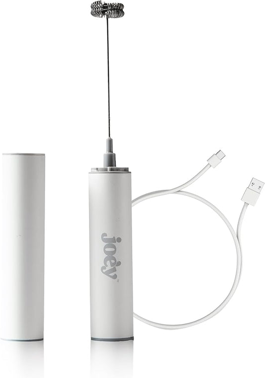Joe'y Electric Milk Frother, USB Rechargeable Handheld Mixer, Dual Speed Stainless Steel Frother Wand with Double Whisk for Coffee, Lattes, Matcha, Includes Travel Case, Coffee Bar Accessories, White
