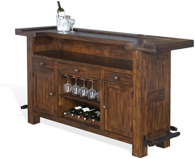 Pemberly Row Set of 3 Polished Brown Wood Bar Unit & 2 Swivel Barstool with Back
