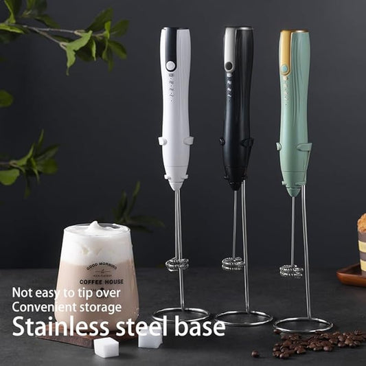 Ruciko Rechargeable 3-Speed Electric Milk Frother,Stainless Steel,Mini Handheld.Quick Type-C Charging for Lattes,Coffee,Egg Whipping & Hot Choc.With Double-Layer Frothing Head & Stand.(black)