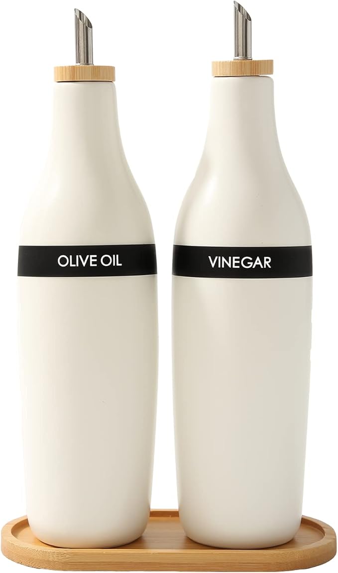 HOMCDALY Olive Oil and Vinegar Dispenser Set, Two 16oz Ceramic Oil Dispenser for Kitchen, Kitchen Dispenser Bottle for EVOO Vinegar Syrups, Modern Farmhouse Design| Set of 2 – white