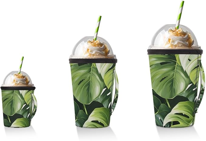 Tropic Palm Leaves Reusable Insulator Coffee Sleeves for Drinks Beverages,Tropical Plants Neoprene Holder with Handle for Most Coffee or Ice Drink, 24-28oz