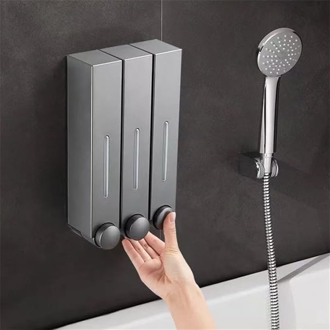 Wall Mounted Dispenser With Multiple Chambers Bathroom Soap Pump Container For Shampoo Shower Gel Conditioner Storage With Large Capacity 400Ml Transparent Window(Black Double)