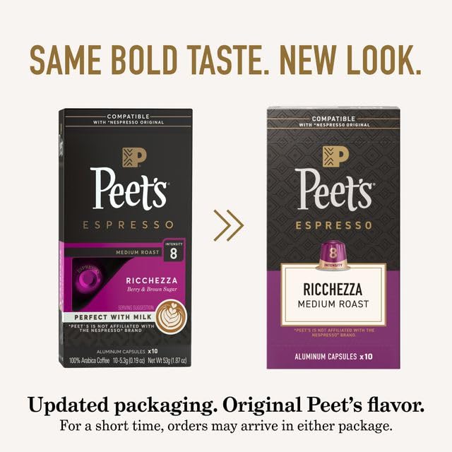 Peet's Coffee, Medium Roast Espresso Capsules, Compatible with Nespresso Original Machine, 100% Arabica Coffee - Ricchezza Intensity 8, 50 Count (5 Boxes of 10 Espresso Capsules)