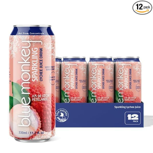 Blue Monkey Sparkling Lychee Juice - Real Fruit Juice, No Sugar Added, All Natural, Lightly Carbonated, Halal Certified - Refreshing Tropical Sparkling Water Alternative - 11.2oz (330ml) 12 Pack (11.2oz, Lychee Juice)