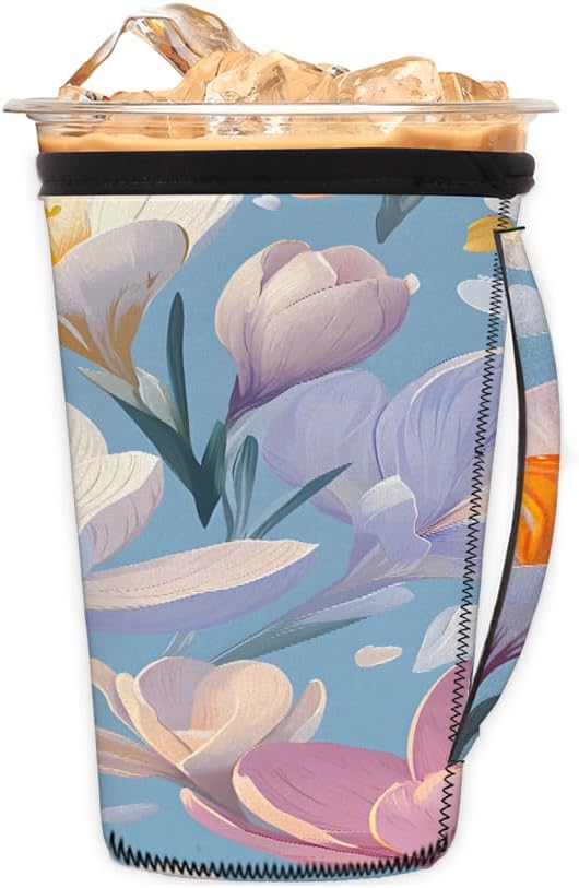 Reusable Iced Coffee Cup Sleeve Daffodils Neoprene Insulated Sleeves Cup Holder with handle Idea for 16oz - 18oz