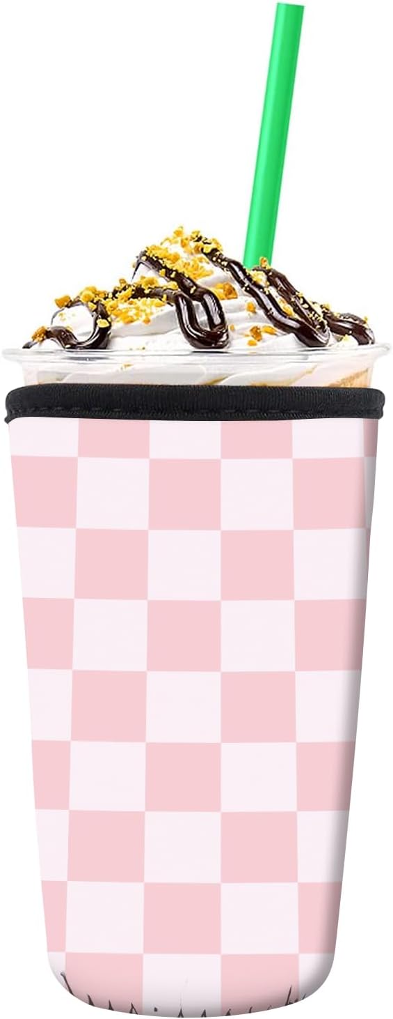 Reusable Neoprene Insulator Sleeve for Iced Coffee Cold Soda Cups, Cute Durable Drink Sleeve for Cold Beverages, Medium 22-28oz Cup Sleeve Cute Pink Checkerboard
