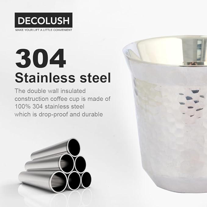 75mL (2.5 Ounce) Stainless Steel Espresso Cups - 4 Pack Double Wall Insulated Cups Demitasse Cups Coffee Cup For Drinking, Drinking Coffee, Drinking Beverages(Silve Hammer texture