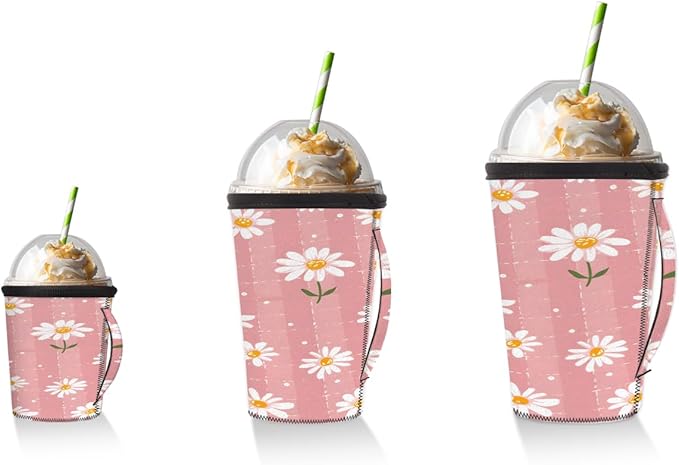 Reusable Iced Coffee Cup Sleeve Flower Daisy Neoprene Insulated Sleeves Cup Holder with handle Idea for 16oz - 18oz