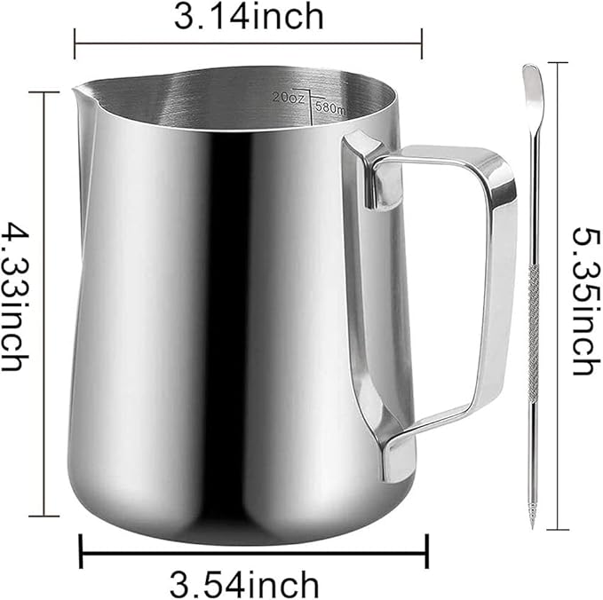 20 oz Milk Frothing Pitcher, 304 stainless steel 600ml milk can coffee frothing cup with art deco pen milk jug coffee cup used to make cappuccino latte