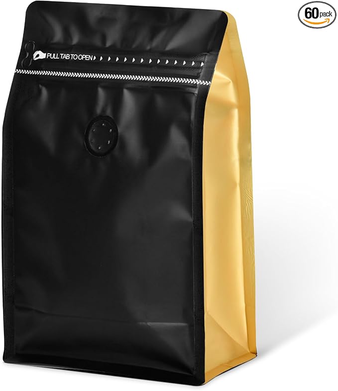 Coffee Bags with Valve(60pcs,8oz,0.5lb) Vented Coffee Beans Packaging Bags High Barrier Aluminumed Foil Flat Bottom Heat Sealed Side Zipper Resealable Storage Bag for Home or Business（Black+Gold）