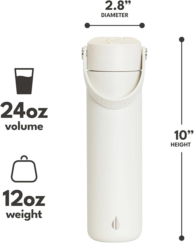 Elemental 24oz Insulated Water Bottle with Straw - 100% Leak-Proof Stainless Steel Core Water Bottles for Travel, Sports and Gym - Double Wall Insulation & BPA Free - White