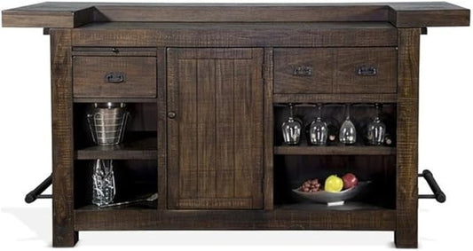 Pemberly Row 80" Transitional Wood Gorgeous Bar Unit with Pull-Out Tray, Foot Rail, 2 Drawers, Adjustable Shelves, Stemware Rack, Wine Storage, in Cherry/Tobacco Finish