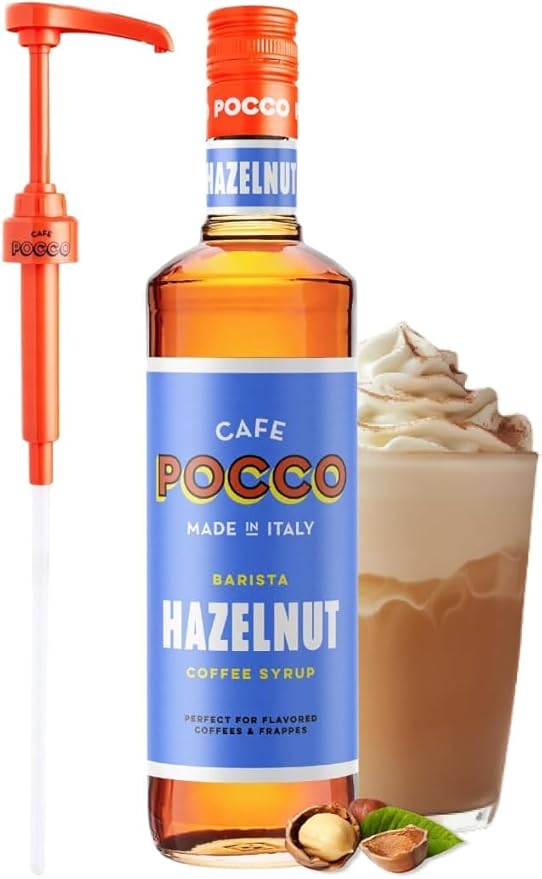 Cafe Pocco Premium Hazelnut Coffee Syrup with Pump - Gluten Free and Vegan Syrup, Ideal for Lattes, Cappuccinos, Espresso, Americano - Glass Bottle 750ml (Pack of 1