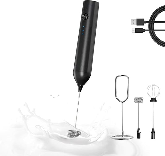 Handheld Milk Frother, Powerful Milk Frother for Coffee,Rechargeable Electric Frother with Stand,3-Speed Drink Mixer for Latte, Matcha, Protein Shakes, Hot Chocolate, Cappuccino, Egg Whisk
