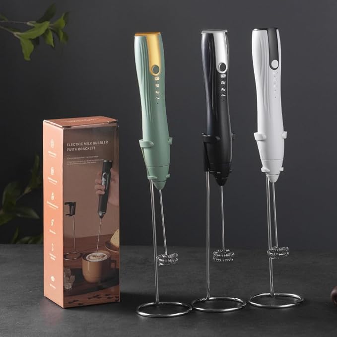 Ruciko Rechargeable 3-Speed Electric Milk Frother,Stainless Steel,Mini Handheld.Quick Type-C Charging for Lattes,Coffee,Egg Whipping & Hot Choc.With Double-Layer Frothing Head & Stand.(white)