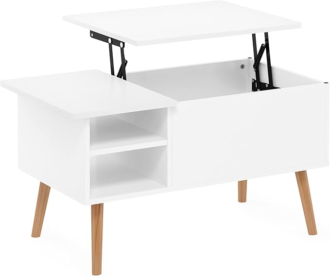 Furinno Jensen Living Room Wooden Leg Lift Top Coffee Table With Hidden Compartment and Side Open Storage Shelf, Solid White