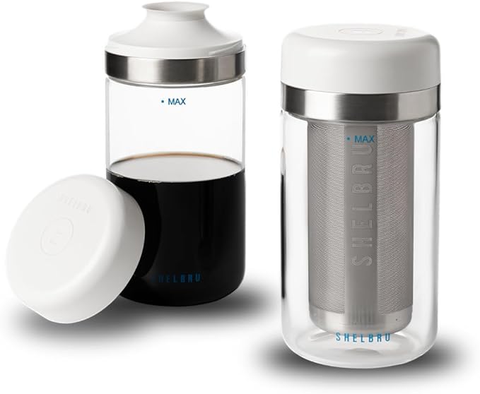 SHELBRU Cold Brew Coffee Maker Set (Brewer & Carafe), Up to 12 Servings of Concentrate, Reusable Stainless Steel Dual Filter, Durable Borosilicate Glass & Spill-Proof Pouring Spout, 16.9 fl oz / 500ml