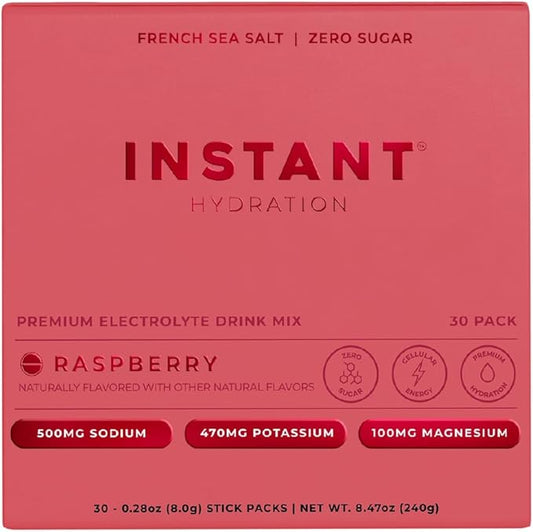 Instant Hydration Electrolytes Powder Packets - Raspberry Electrolyte Drink Mix - Zero Sugar - Keto, Vegan, Gluten-Free, Non-GMO - Boost Recovery, Brain Health, Muscle & Tissue Support- 30 Sticks