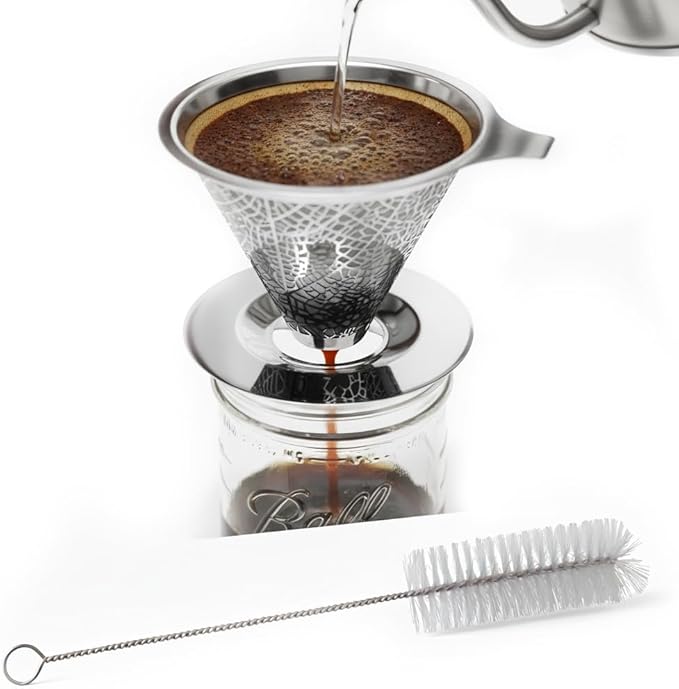 Reusable Stainless Steel Pour Over Drip Coffee Filter for Mason Jars,Fits Wide Mouth & Regular Jars, Manual Brew Coffee Dripper,No Paper Filters Needed,Rustproof,Dishwasher Safe