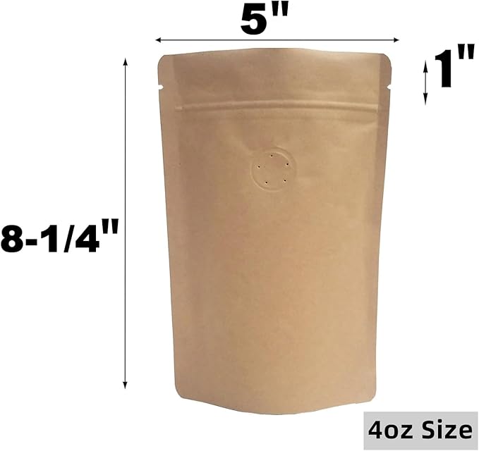 100 Pack Kraft Coffee Bags with Zipper Lock, High Barrier Resealable Stand Up Coffee Pouches, Degassing Valve for Coffee, Size for 4oz/ 100 Grams Beans or Grounded