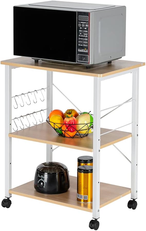 VINGLI Kitchen Cart, 3 Tier Standing Baker's Rack Utility Storage Shelf Microwave Oven Stand with 10 S-Shape Hooks Rolling Lockable Caster (Beige & White)