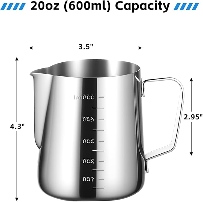 Milk Frothing Pitcher, 20oz Steaming Pitcher with Clear Scale, 304 Stainless Steel Milk Frother Cup Cappuccino Espresso Machine Accessories for Latte Art, Barista, Home Use, Easy Clean Barista Tool