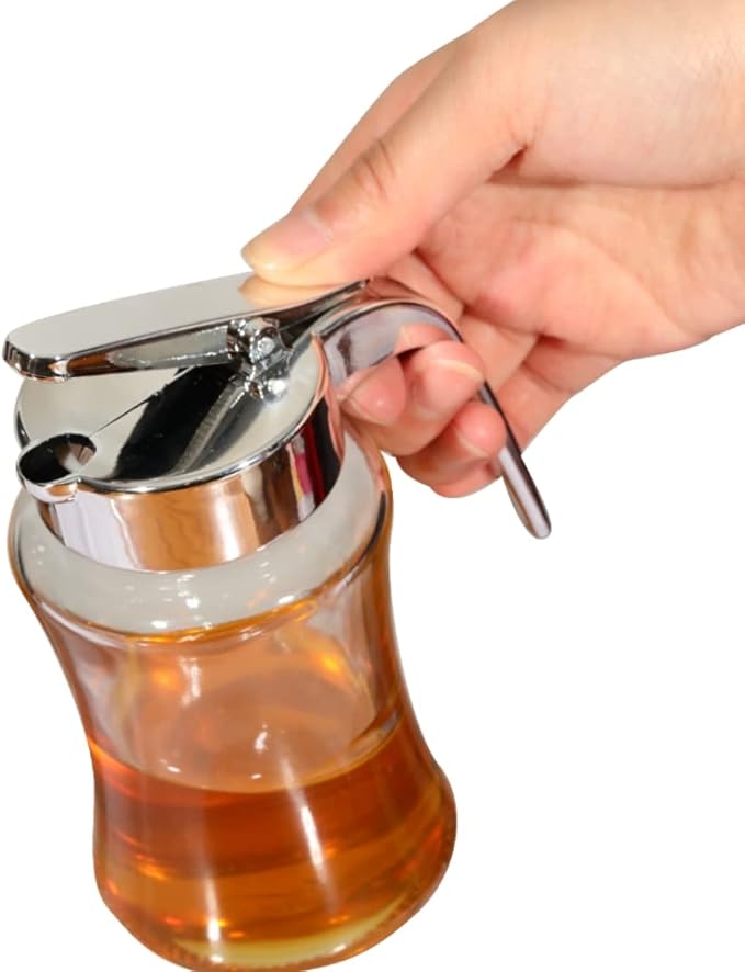 J&M DESIGN Glass Syrup Dispenser Bottle for Maple Syrup, Honey Pot or Sugar Jar W/Handle Shaker For Pancakes, Coffee, Cereal Bowl, Tea Pour Spout Lid Easy Spoon Measure 7.5oz Container Holder