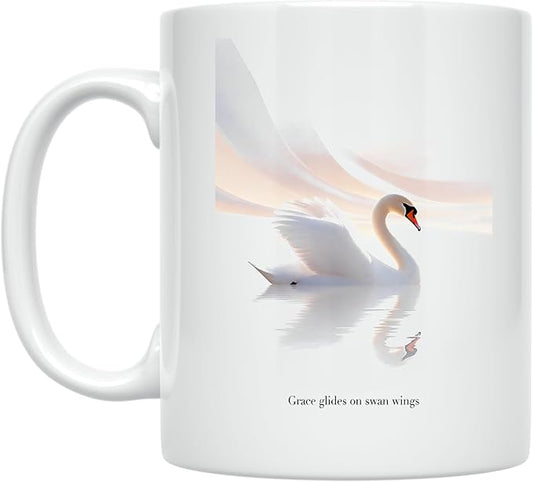 Bird Lover Coffee Mug - Grace Glides on Swan Wings - 11 oz White Ceramic - Minimalist Elegance