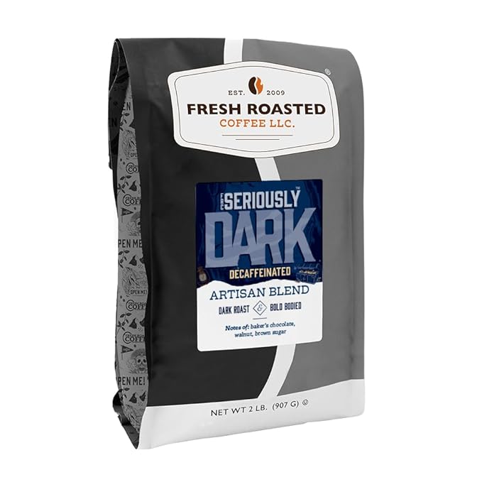 Fresh Roasted Coffee, Seriously Dark Decaf Artisan Blend, 2 lb (32 oz), Dark Roast, Kosher, Whole Bean