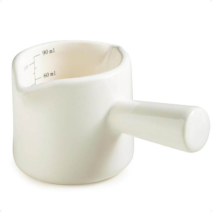 YHOJOY Espresso Measuring Cup, Ceramic Espresso Cup Double Spouts Expresso Shots Cup with Handle, Espresso Accessories, 3 Oz/ 90 Ml, White