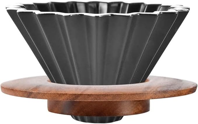 Ceramic Coffee Dripper Pour Over Coffee Maker with Wood Stand Elegant Flower Shape Filter