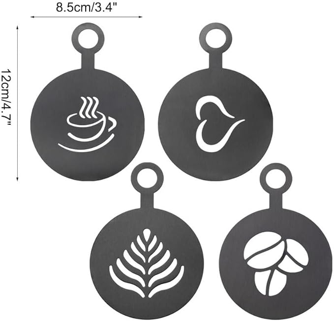 DONGKER Latte Art Stencils,4 PCS Stainless Steel Coffee Stencils with Various Patterns for Kitchen Store Arts Templates