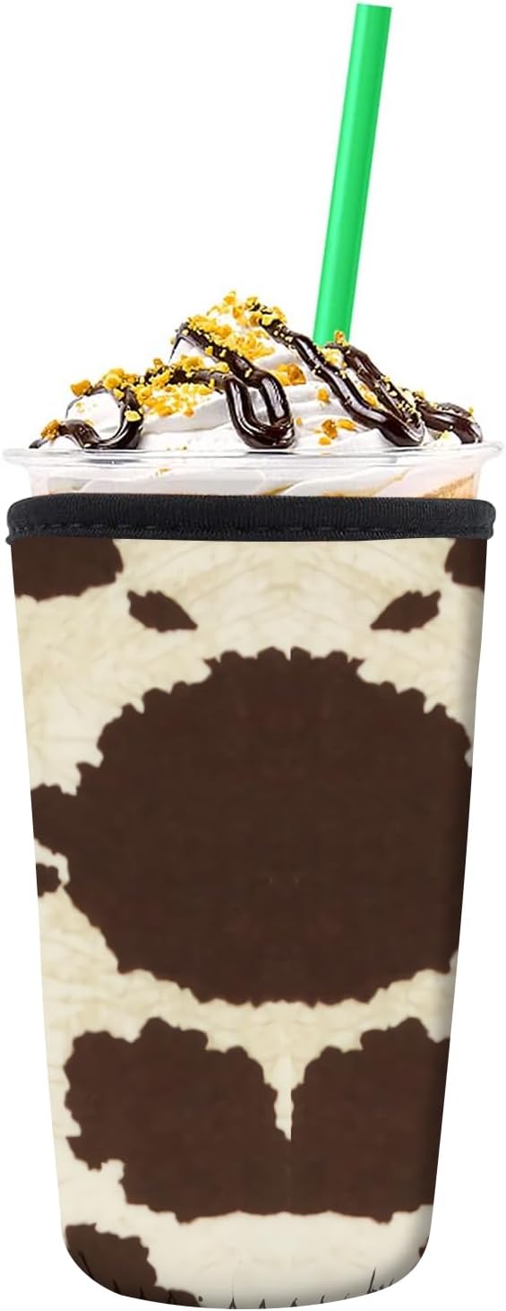 Reusable Neoprene Insulator Sleeve for Iced Coffee Cold Soda Cups, Cute Durable Drink Sleeve for Cold Beverages, Medium 22-28oz Cup Sleeve Cute Cowhide Print