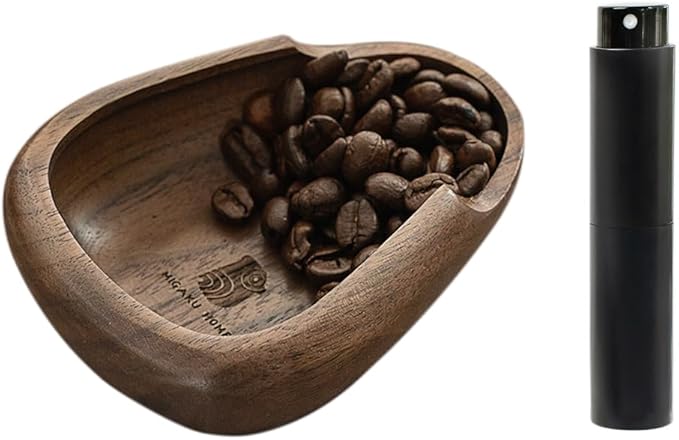 MIGAKU HOME Coffee Bean Dosing Cup & RDT Spray Bottle Set - Walnut Wood Espresso Accessories Kit with Static Reduction Spray, Measuring Tray for Coffee/Tea ﻿