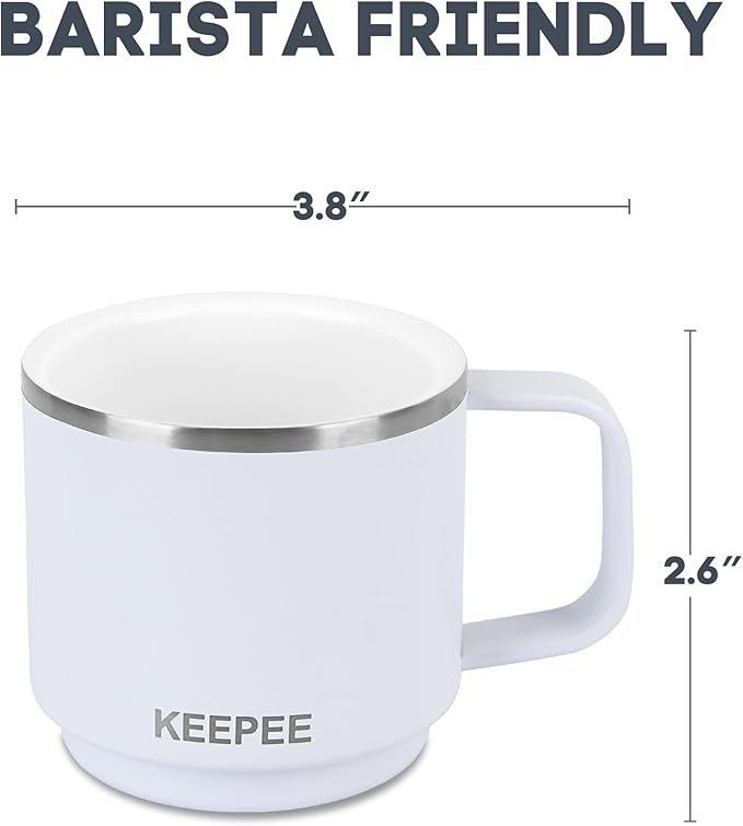 4 oz Stackable Cup with Handle, Vacuum Insulated Espresso Coffee Cup with Ceramic Coating, Stainless Steel, 2 Pack, White