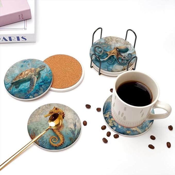 Absorbent Beach Coasters Set of 6 Retro Marine Creatures Coasters Cork Base Tabletop Protection,Home Coast Nautical Coasters for Bar Kitchen Decor Suitable for Wooden Table Coffee Tables,Desks