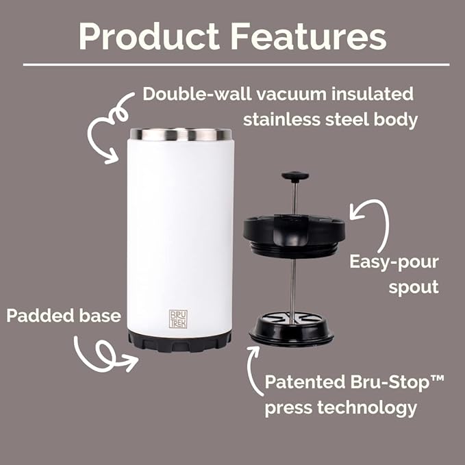BruTrek Steel Toe 3.0 Travel Coffee Press - Brew 20 fl.oz On The Go - No Spill Lid, Double Wall Vacuum Insulated Stays Hot for Hours, French Press Coffee (Storm Gray)