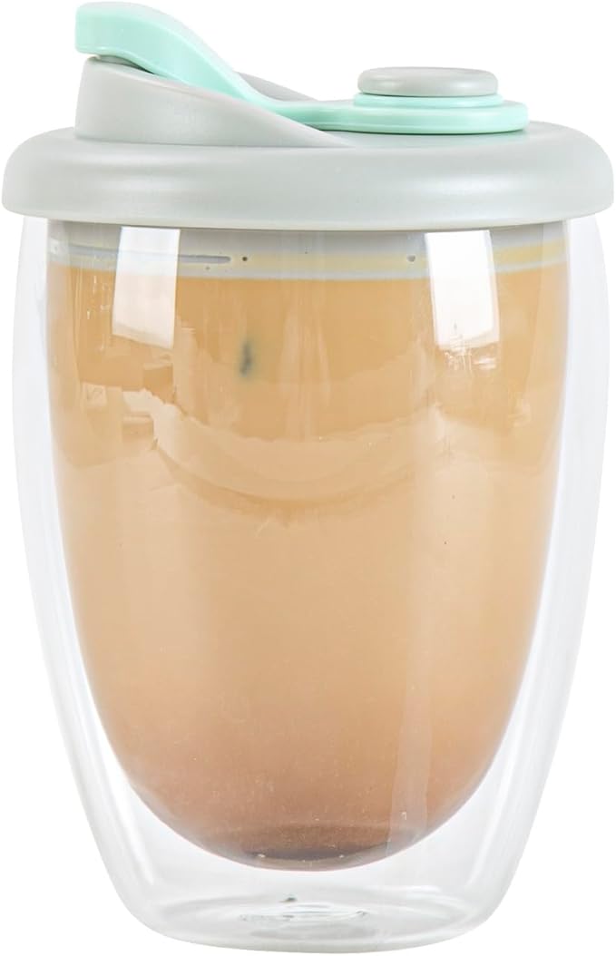 Restaurantware Glass Travel Mug 1 Count 12 Ounce Double Wall Borosilicate Reusable Coffee Cup, Spill-Resistant Gray and Green Silicone Lid, Clear Drinkware Mug for Hot and Cold Beverages