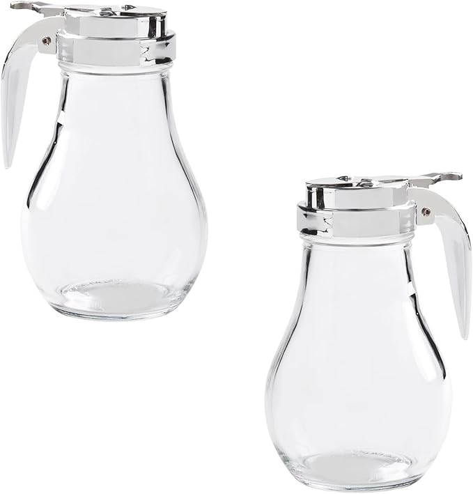 6 Oz. (Ounce) Glass Bulb Jar Syrup Dispenser, Sugar Dispenser, Retracting Spout, Dispensing Thumb-Lever, Pancake House Style (2)