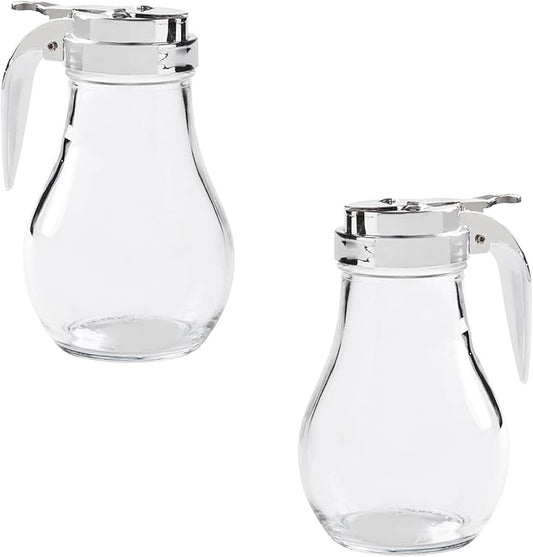 6 Oz. (Ounce) Glass Bulb Jar Syrup Dispenser, Sugar Dispenser, Retracting Spout, Dispensing Thumb-Lever, Pancake House Style (2)